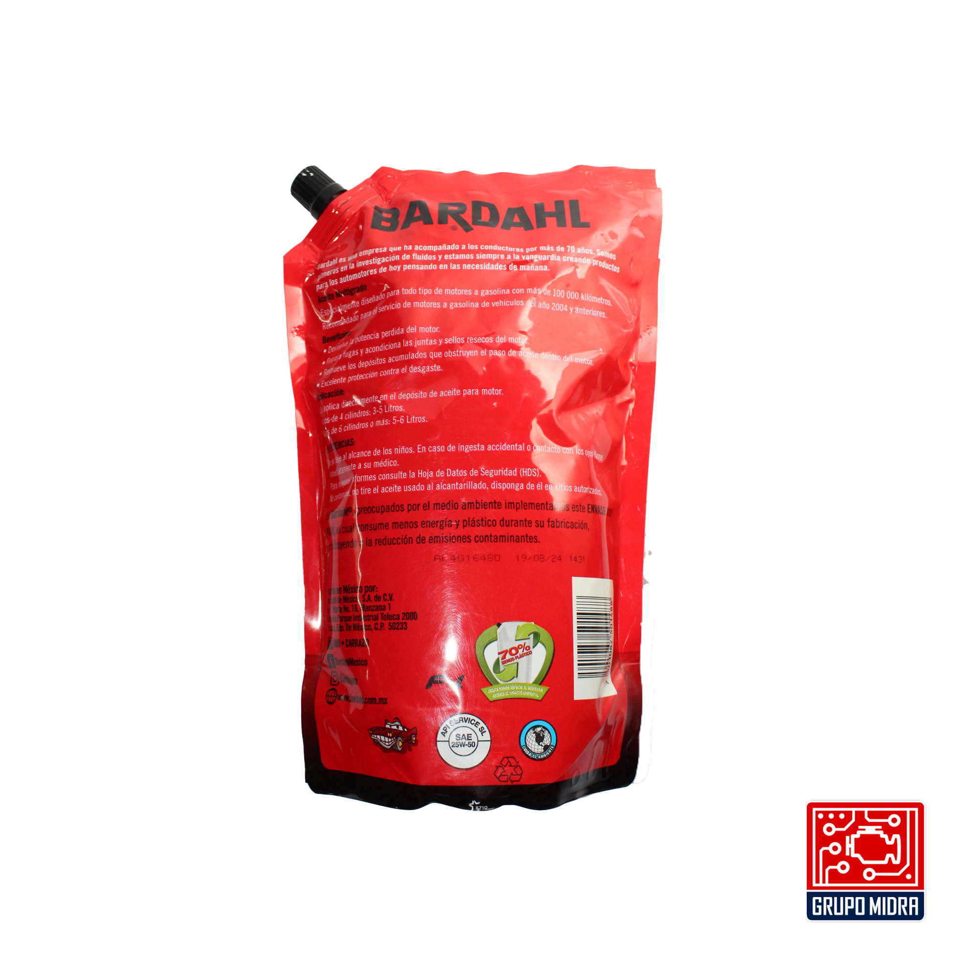 Bardahl Aceite para más de 100,000 Km. 25W-50. API SL Doypack (946 ml) - Image 2
